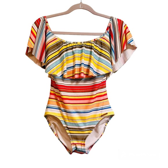 Vince Camuto one piece off shoulder colorful ruffle striped swimsuit, size 10 - Picture 4 of 11